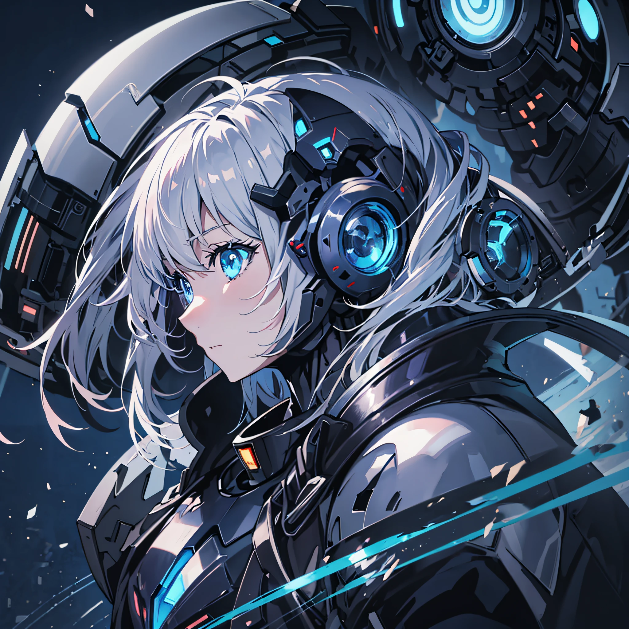 (Menina anime with blue eyes), melhor papel de parede de anime 4k konachan, com olhos azuis brilhantes, anime robótico misturado com orgânico,olhos azuis de ciborgue, anime cyborg, cyberpunk Menina anime mech, mecha estética, seus olhos brilhando em azul, um adolescente ciborgue biopunk, anime mangá robô!! Menina anime, olhos metálicos e brilhantes, (ampliação:1.5), expressão legal, rosto de perfil