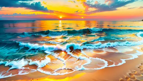 The crystal clear waters gently kiss the white and flawless sand，Seagulls soar in the sky，Palm trees sway gently，Create a stunning scene full of movement and calm。Highlight orange、Pink and yellow sunsets，It adds a beautiful atmosphere to this scene，Make pe...