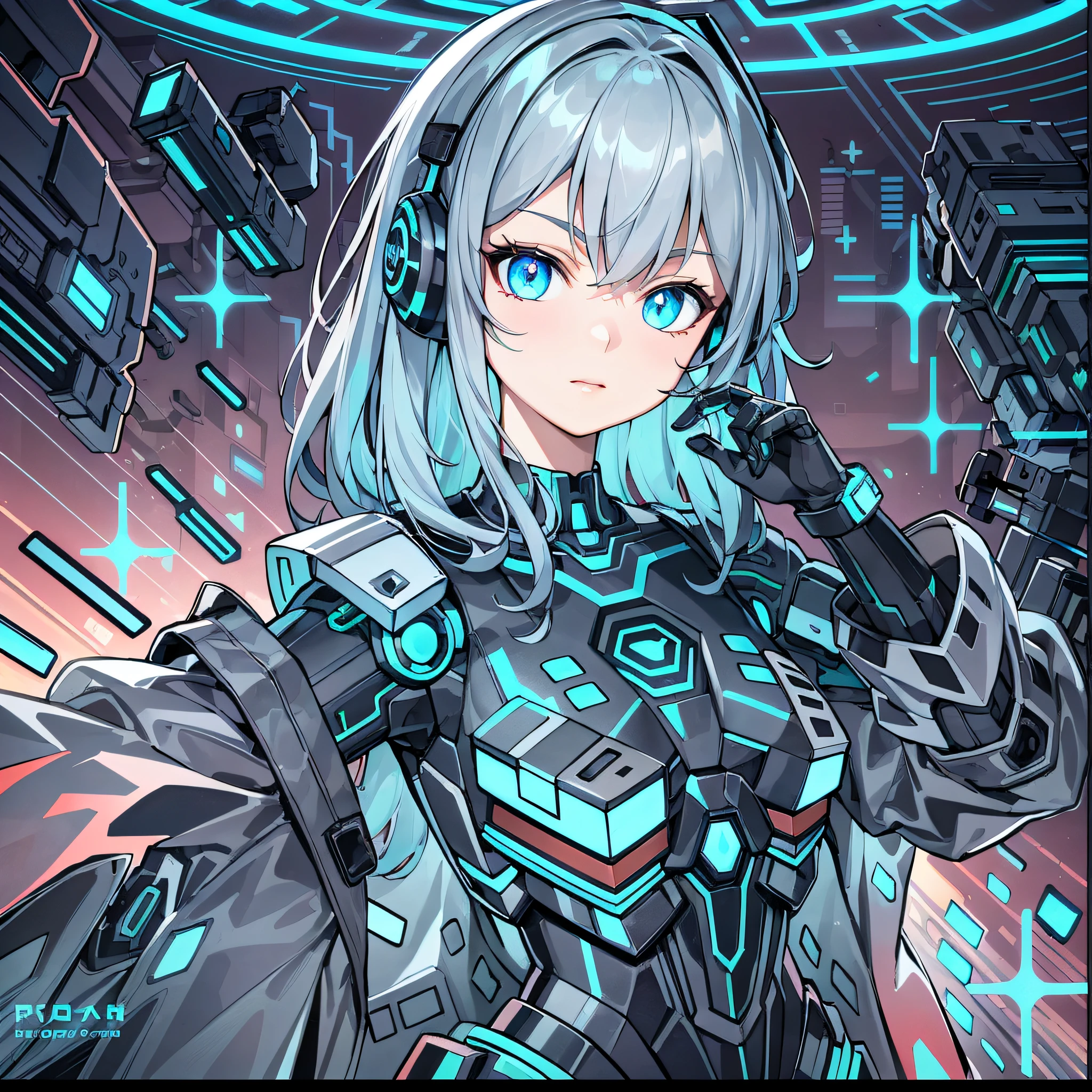 Cyborg girl，Ultra-detailed face，cyborg robot parts，Slim waist，cyber punk perssonage，ultra-realistic realism，parfect anatomy，face muscleicro Chip，Reduce background detail，the rule of thirds，unreal-engine，concept-art，Sharp focus，8K，galactic，whaite hair，Hair to the waist，cyan pupils，Exoskeleton armor，full bodyesbian，rifles, galactic, glowing light eyes, headset on head，Cyan coat