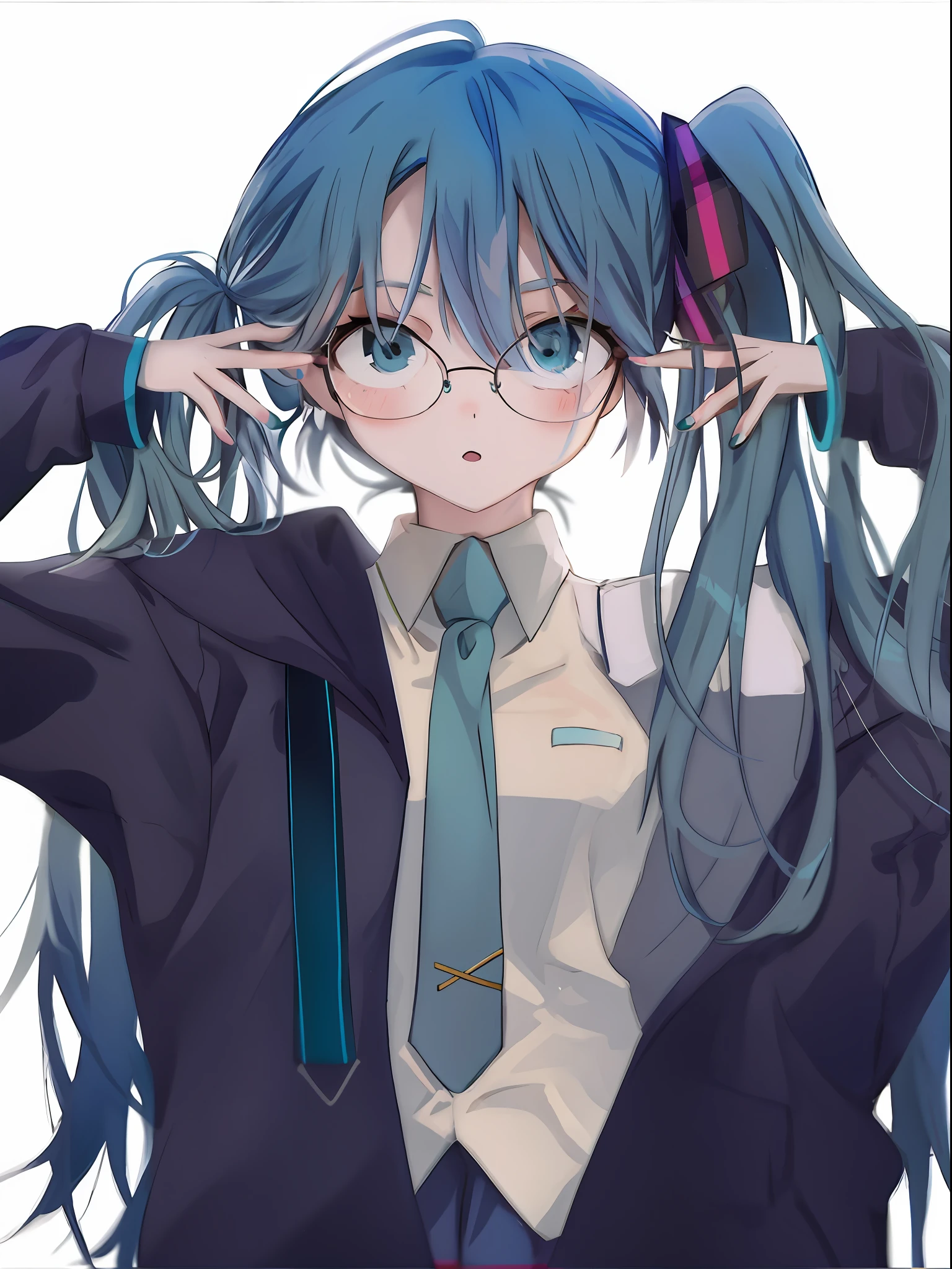 Anime girl with blue hair and glasses in a tie, anime moe art style, Anime girl with teal hair, 2 d anime style, mikudayo, Portrait of Hatsune Miku, style of anime4 K, With glasses, (Anime girl), Beautiful Anime High School Girls, Hatsune Miku short hair, hatsune miku portrait, Hatsune Miku, An anime girl