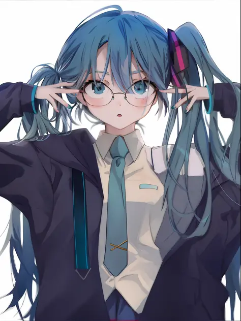 anime girl with blue hair and glasses in a tie, anime moe art style, anime girl with teal hair, 2 d anime style, mikudayo, portr...