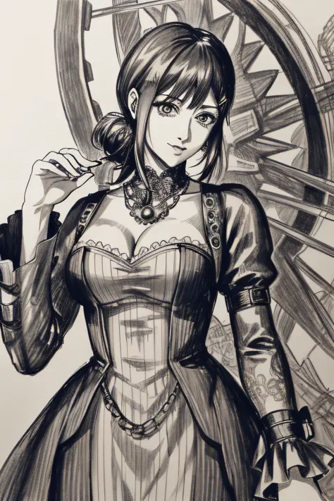 A captivating greyscale pencil drawing capturing the elegant Kobeni from the manga series Chainsaw Man, depicted in a detailed p...