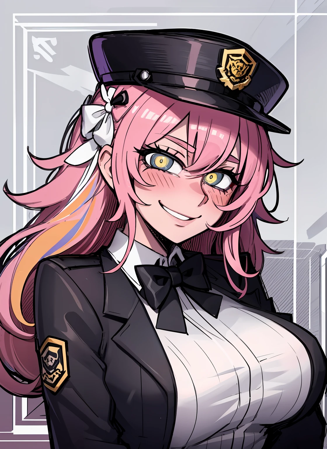 pink hair, yellow pupils, love in eyes, bow hairpins, blushing, cute, smug, smile, rolling eyes, white bow tie, black police outfit, police hat, long sleeves, miniskirt, big breasts,