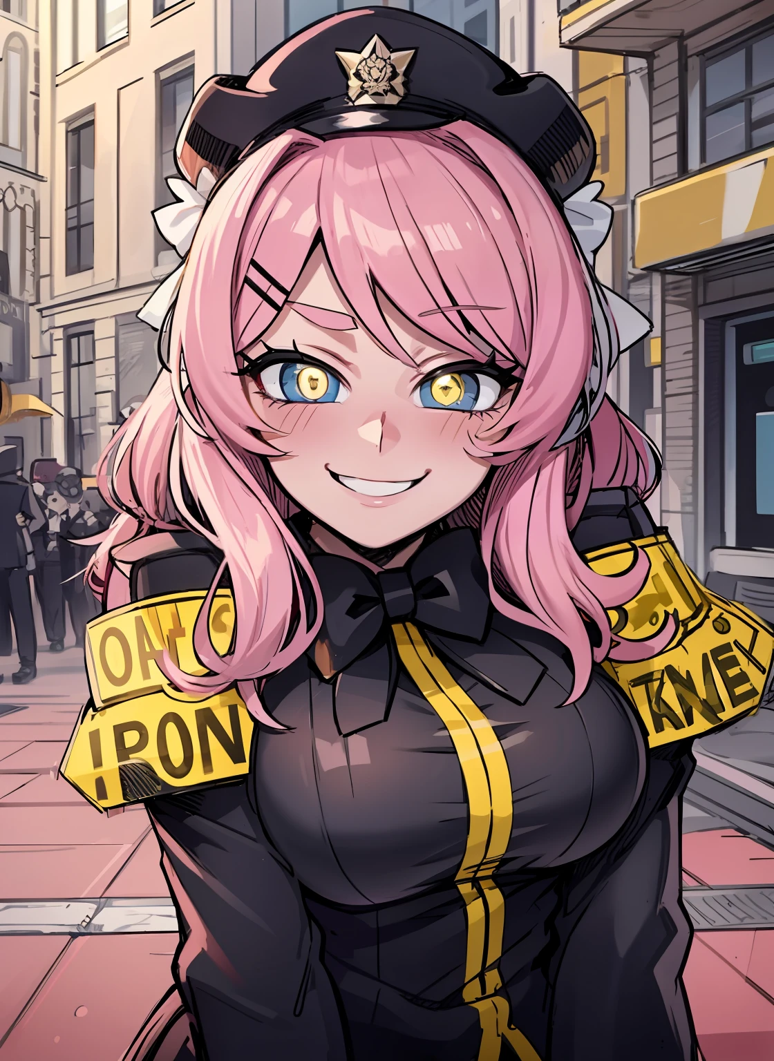 pink hair, yellow pupils, love in eyes, bow hairpins, blushing, cute, smug, smile, rolling eyes, white bow tie, black police outfit, police hat, long sleeves, miniskirt, big breasts,