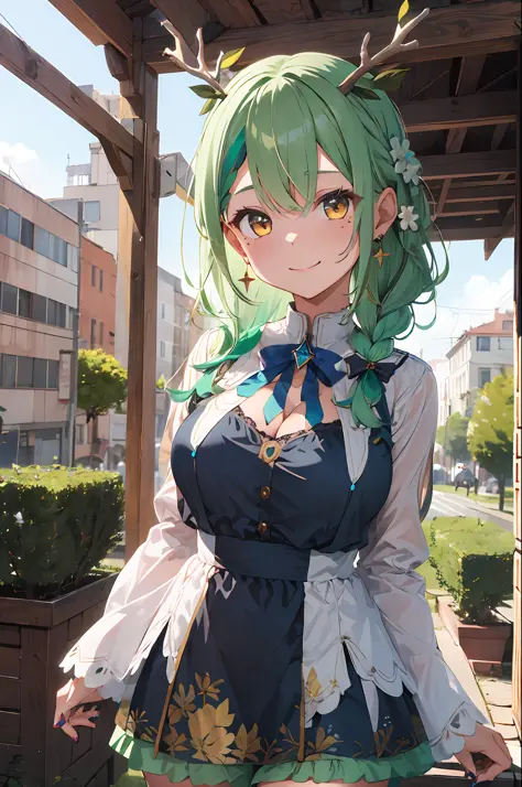 masterpiece, best quality, 1girl, breasts, green hair, braid, braided bangs, cleavage, thighhighs, single braid, single thighhig...