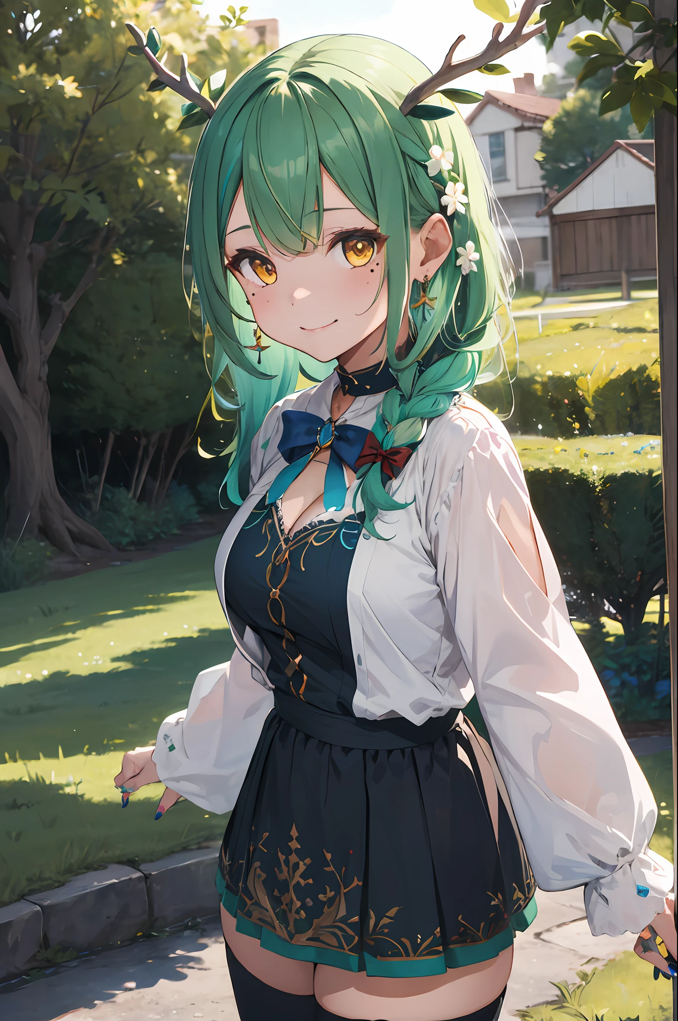 masterpiece, best quality, 1girl, breasts, green hair, braid, braided bangs, cleavage, thighhighs, single braid, single thighhigh, antlers, dress, yellow eyes, jewelry, anklet, nail polish, mole, toenail polish, green nails,hair flower, mole under eye, multicolored hair, long hair, toenails, hair ornament, large breasts, green flower, streaked hair, earrings, white thighhighs, bow, bangs, wide sleeves, leaf, blue dress, horns, ceres fauna, smile, upper body,