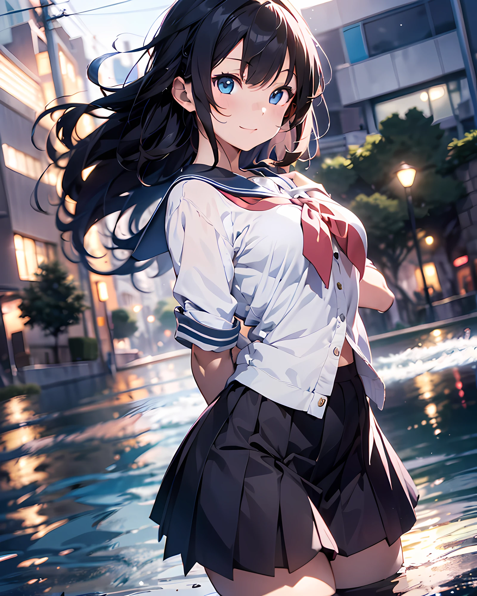 anime style illustration, highres, ultra detailed, (1girl:1.3), (dynamic pose):1.0 BREAK, cowboy shot, (pale skin:1.3), ((detailed blue eyes)), (bokeh effect), (dynamic angle), 1 extremely beautiful and glamorous anime waifu at kamo river, (wearing a school girl outfit, pink sailor shirts and dark-grey pleats skirt, black stockings), BREAK, she has brown wavy two-side-up hair style, medium-breasted, light smile, happy, wind, 8 life size, detailed clothes, detailed body, detailed arms, human hands, detailed hands, perfect nose, blush, light smile, pink lip gloss, looking the viewer, facing the viewer, sexy model posing, extremely leaning forward against the viewer, studio soft light, cinematic light, detailed background, realistic, ultra-realistic, masterpiece, 32k ultra-sharp image, Japanese anime waifu, concept art by Kyoto animation, Makoto Shinkai,