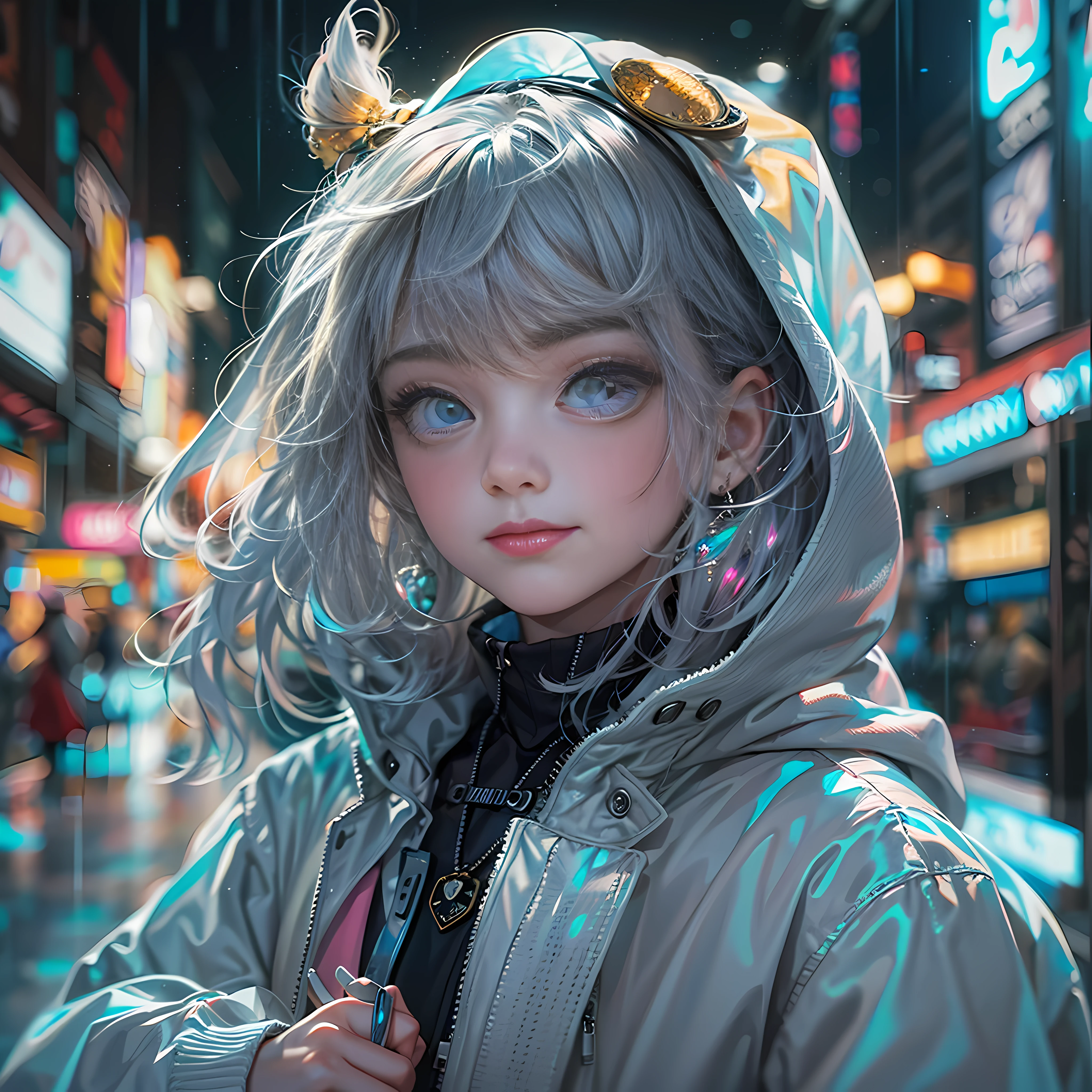 masterpiece, best quality, half body, portrait, night city, 1girl, anime, 3D, Japan, pixar, realistic, teen girl, smiling, cute face, harajuku fashion style, rain coat, beautiful, colourful, neon lights, cyberpunk, smooth skin, illustration, artstation, painting by stanley artgerm lau, sideways glance, foreshortening, extremely detailed 8K, smooth, high resolution, ultra quality, highly detail eyes, highly detail mouth, highly detailed face, perfect eyes, both eyes are the same, true light, glare, Iridescent, Global illumination, real hair movement, real light, real shadow, real face, hd, 2k, 4k, 8k, 16k, realistic light, realistic shadow, bright Eyes, fluorescent eyes, soft light, dream light