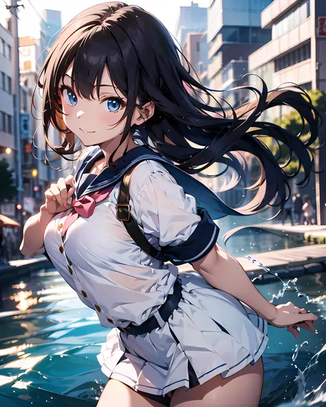 anime style illustration, highres, ultra detailed, (1girl:1.3), (dynamic pose):1.0 BREAK, cowboy shot, (pale skin:1.3), ((detailed blue eyes)), (bokeh effect), (dynamic angle), 1 extremely beautiful and glamorous anime waifu at kamo river, (wearing a schoo...