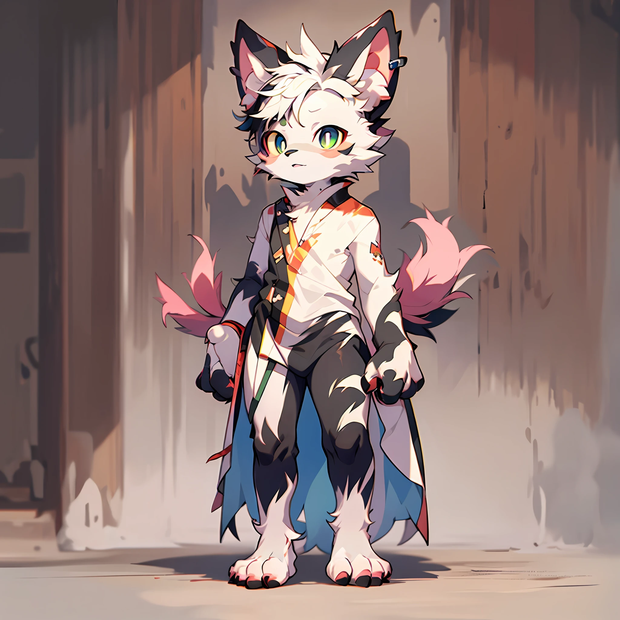 Furry Dogs Forelimb Hands Hindlimb Legs and Feet Standing Shota Little Boy Overall White Head, arms, body, legs with bluish black pattern, whole body, pink flesh pad, eyes and pupils blue, furry, no clothing, two ears