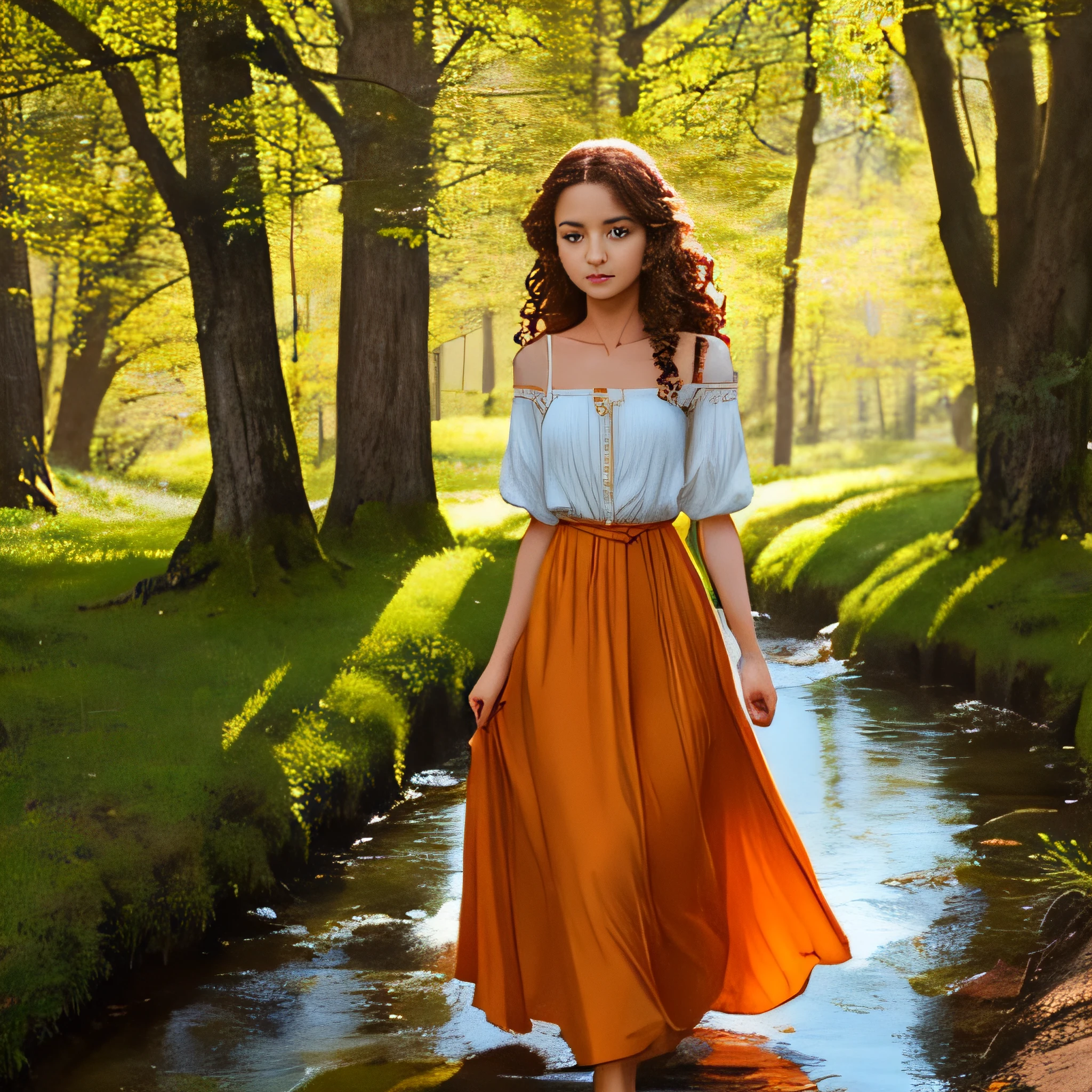 As the sun sets, Cast orange on verdant fields, A beautiful girl emerges from a nearby oak forest. The girl wears a flowy dress，It looks like it's coming out of a Renaissance painting – her curly chestnut hair falling off her shoulders。, Her big brown eyes twinkled in the dim light。. A warm breeze brushed through her hair, Lift the end of the skirt, She walks with grace，It seems to come from within. In the distance, A herd of deer grazes lazily, When there is a clear stream gurgling nearby, Add to the idyllic atmosphere. The girl quickly stopped in a clearing，With a serene smile。, She is also like a beautiful work of art.