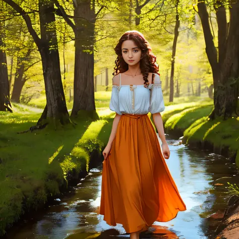 As the sun sets, Cast orange on verdant fields, A beautiful girl emerges from a nearby oak forest. The girl wears a flowy dress，...