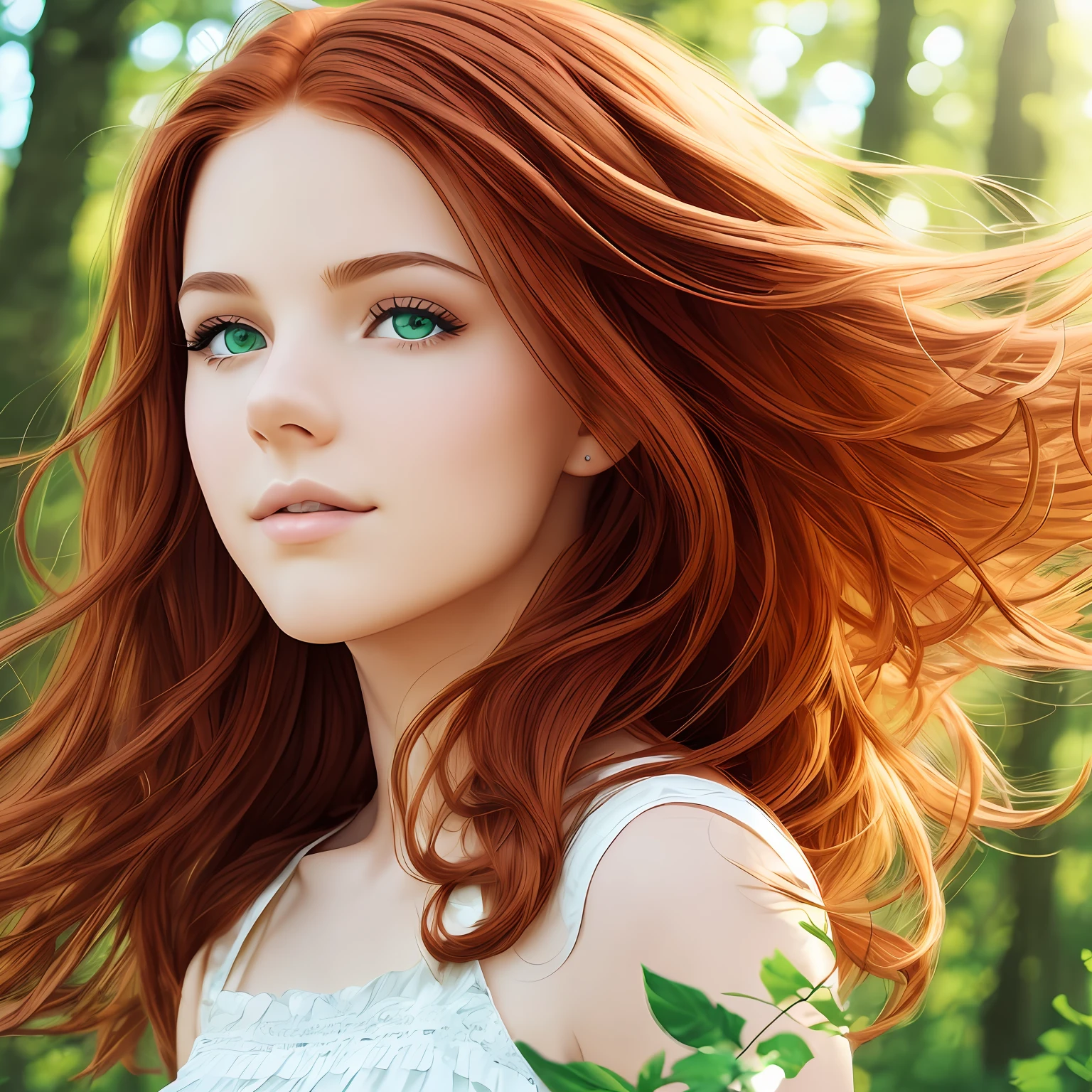 best qualtiy， tmasterpiece， Red hair， green-eyed，A girl， exteriors， The upper part of the body， Realistis， Floating hair， Detailed face，springtime，Green trees，Sunshine --auto