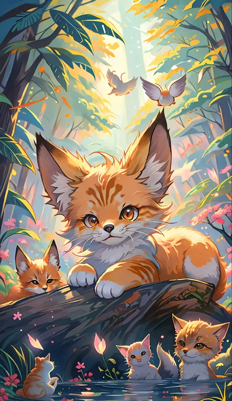 anime, a fox and two kittens are laying on a log in the woods, ethereal fox, cute detailed digital art, cute fox, adorable digit...