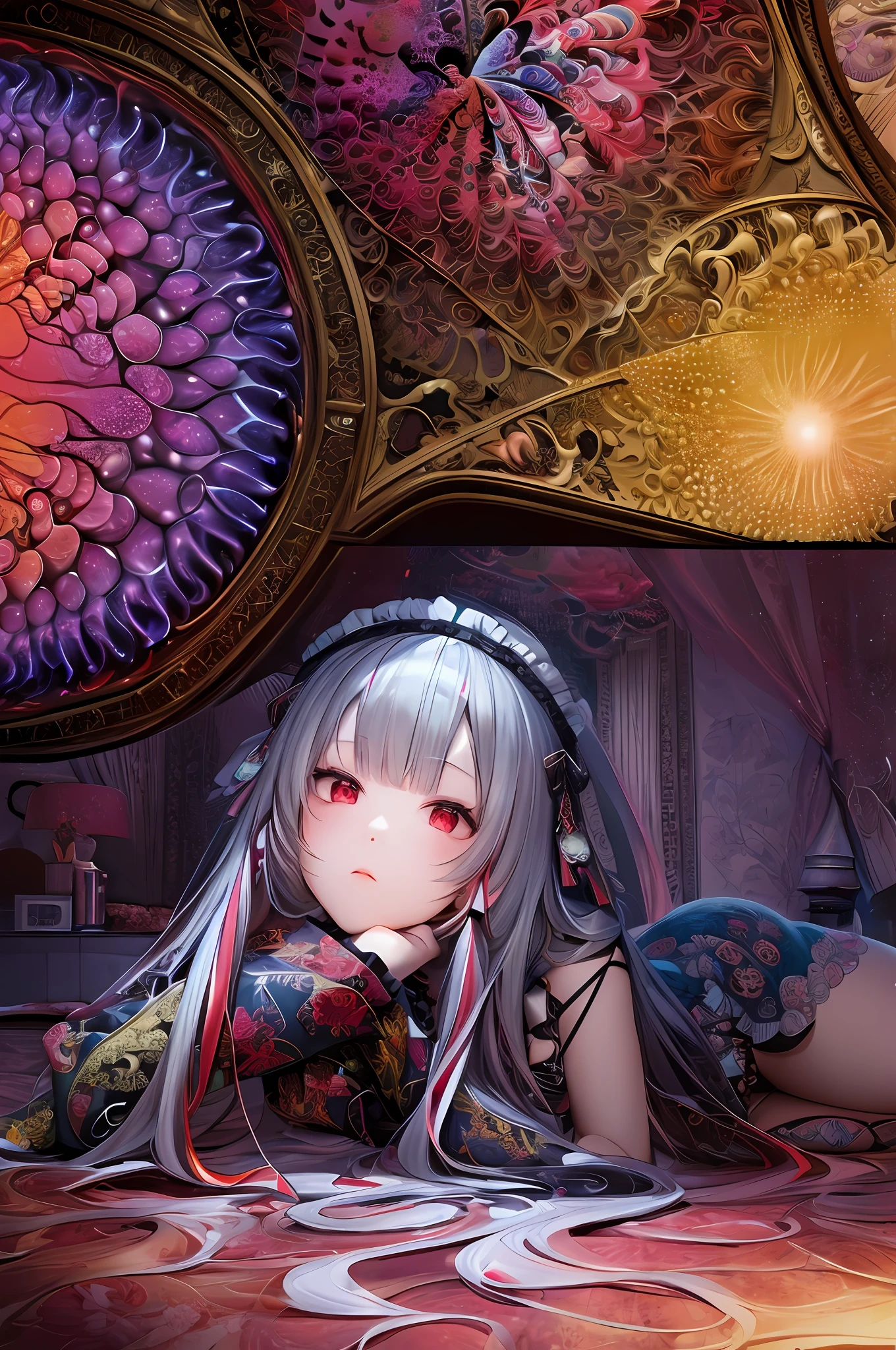 (masterpiece, top quality, best quality, official art, beautiful and aesthetic:1.2), (1girl), extreme detailed,(fractal art:1.3),colorful,highest detailed, Nakiri Ayame, Hololive, Bikini, Bedroom, Lying on Bed, cowboy shot, red eyes, white hair, medium breasts