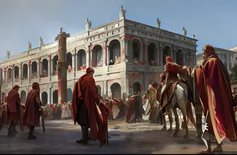 several men in red robes rode horses in front of a building, ancient roman market, roman city, roman festival backdrop, ancient ...