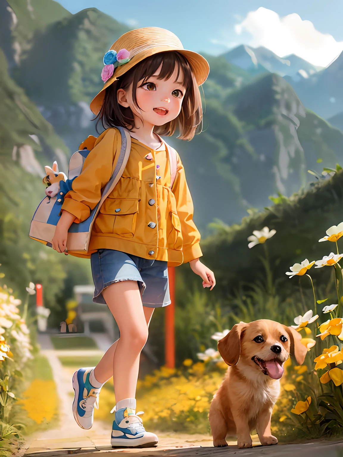 com estilo Cartoon，características faciais detalhadas， Ilustração de resolução HD 4K。Uma fofa com uma bolsa e seu cachorrinho，Rodeado por lindas flores amarelas e natureza, Aproveite a beleza da primavera。