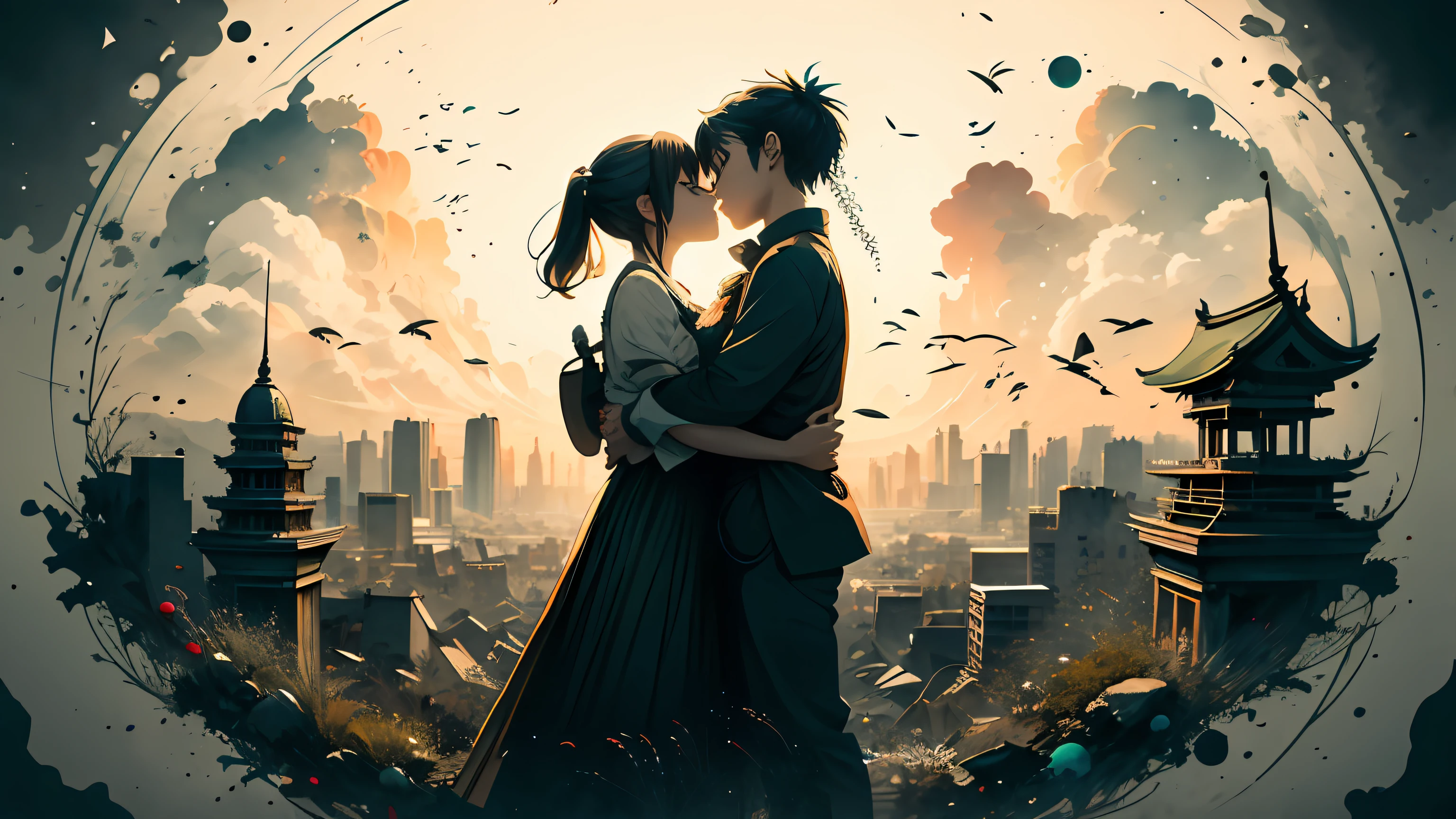 Anime couple kissing in front of a cityscape with birds flying around -  SeaArt AI