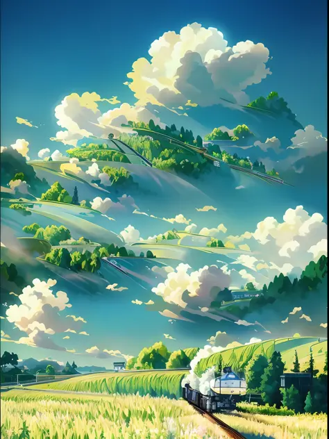 There is a train running on the tracks in the field, anime countryside landscape, beautifull puffy clouds. Anime, Anime landscape, Anime Nature, made of tree and fantasy valley, anime landscape wallpapers, beautiful anime scenery, amazing wallpapers, ross ...