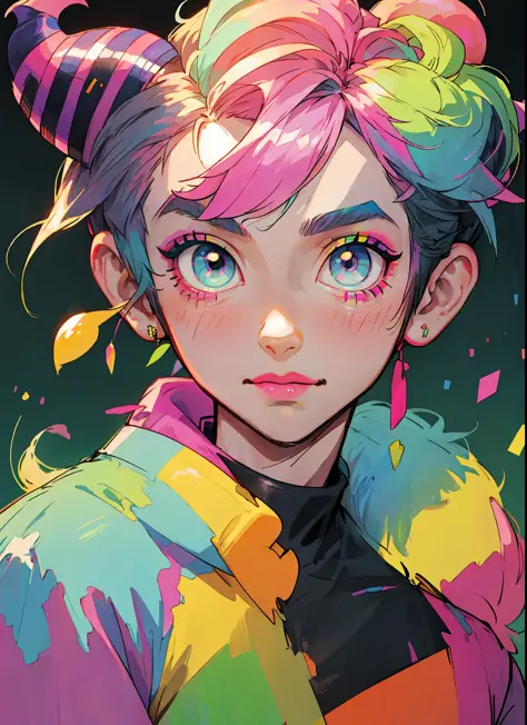 1boy, young man, ((men)), full body shoot, brightly colored hair and makeup is worn by a boy with horns, decora inspired, pastel...