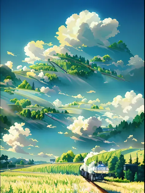 There is a train running on the tracks in the field, anime countryside landscape, beautifull puffy clouds. Anime, Anime landscape, Anime Nature, made of tree and fantasy valley, anime landscape wallpapers, beautiful anime scenery, amazing wallpapers, ross ...