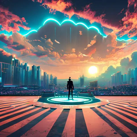 heaven if it were cyberpunk, volumetric, neon, clouds, bright lights, angelic, beautiful scenery