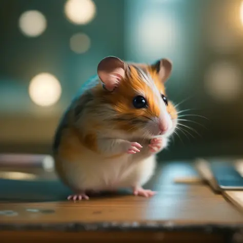 A furry hamster sits on a desk， Animal focus， looking at viewert， realisticlying， Background bokeh，handpainted，digitial painting，gentlesoftlighting，4K 分辨率，photoreal render，Highly detailed and clean，movie light effect，Photorealistic masterpiece，professional...