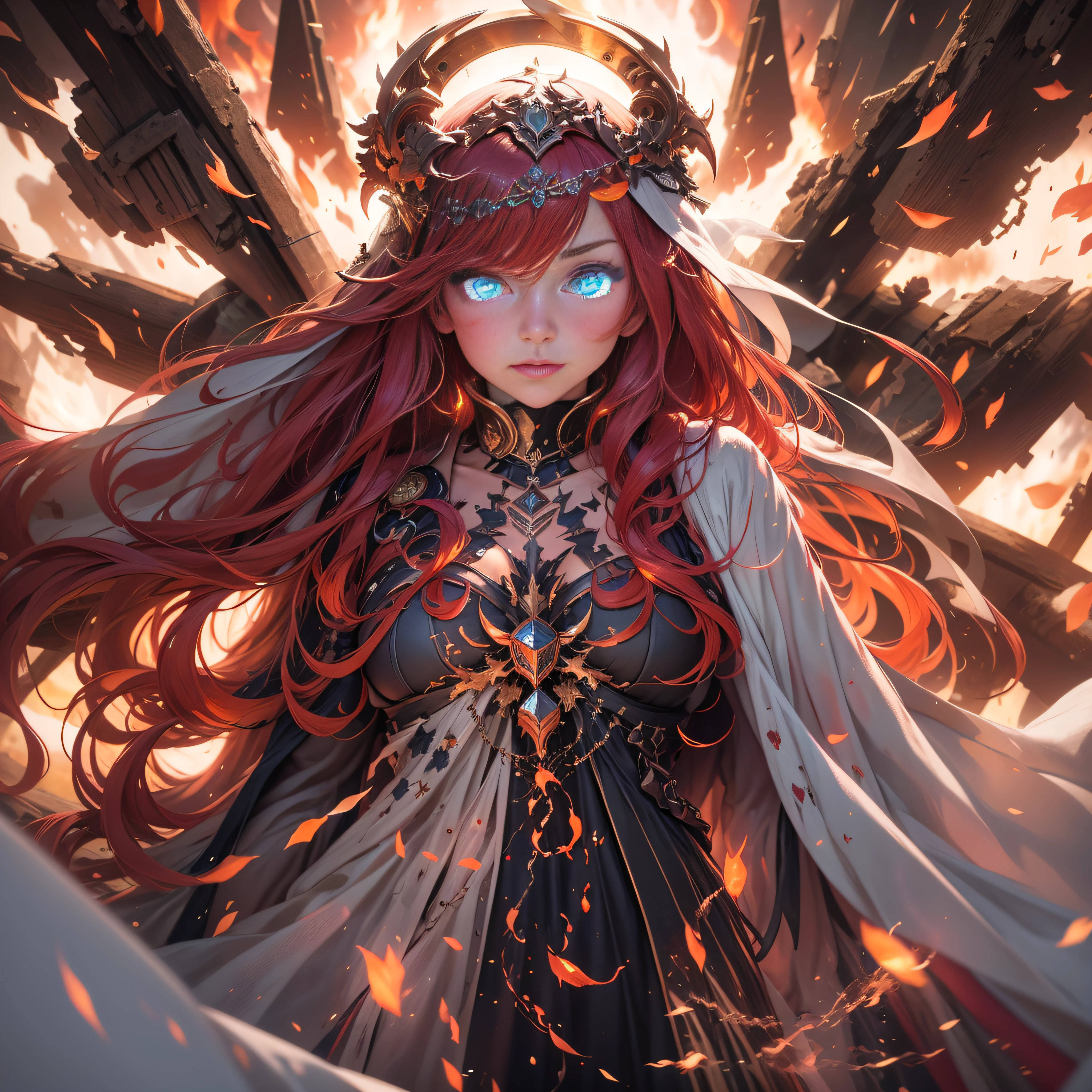 Flames surrounded the girl, blue color eyes, very long flowing red hair, busty figure, Black rose gold trimmed sexy dress, War-torn hellish backdrop, The white cloak of the goddess of victory, Holy light, god light, back lit lighting, Fuji colors, Striped hair, Cinematic lighting, Sony FE GM, futurism, conceptual art, Best quality, 8K