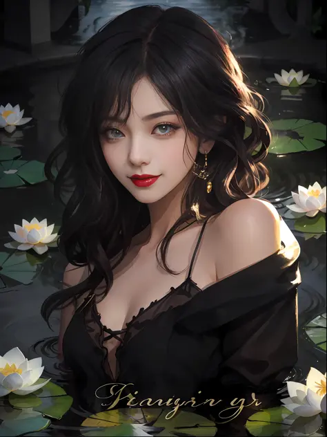 best qualtiy，8K，Best quality，(the detail:1.4), There was a woman floating in a pond，This is a close-up illustration created in t...