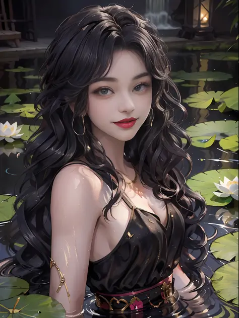 best qualtiy，8K，Best quality，(the detail:1.4), There was a woman floating in a pond，This is a close-up illustration created in t...