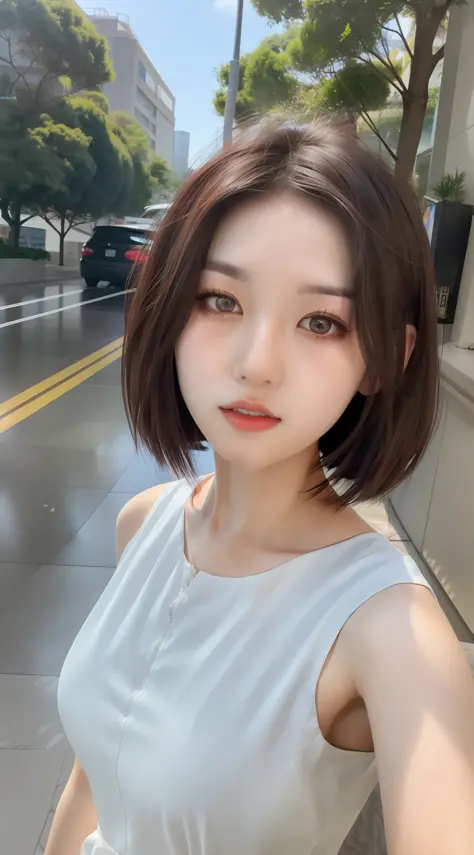 A woman with short brown hair in a gray dress, with short hair, beautiful Korean women, Korean girl, Beautiful young Korean woman, young lovely Korean faces, Gorgeous young Korean woman, young cute wan asian face, white hime cut hairstyle, ulzzangs, wan ad...