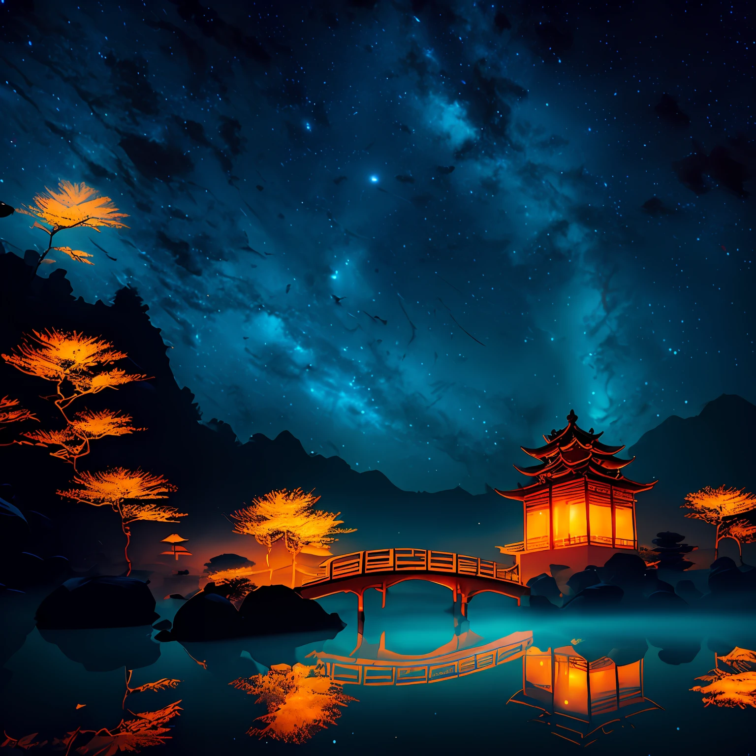 Chinese martial arts style, large area of sky, ink wind, contour light, atmospheric atmosphere, depth of field, rising fog, lake water, lotus lotus leaves, boats, pine trees, octagonal stone pavilion, arch bridge, night view, (no color) --auto