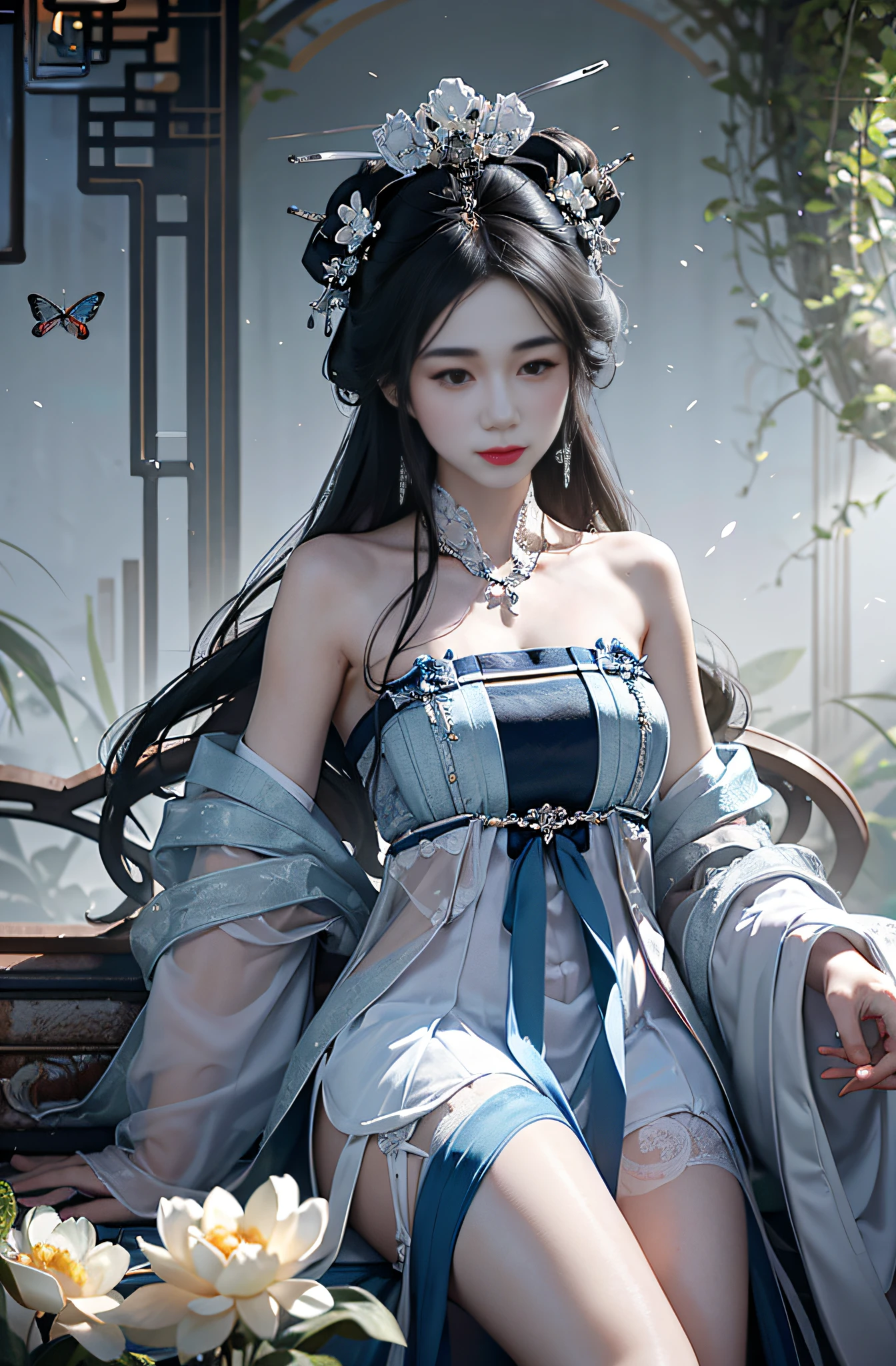 official art, Unity 8k wallpaper, super detailed, beautiful, beautiful, masterpiece, best quality, mystery, romanticism, horror, literature, art, fashion, tang dynasty era, decoration, intricate, embroidery, blue hanfu, white tulle coat, 1 girl, black hair, peony hairpin, sad, fatalistic, bust composition, dramatic composition, movie lighting, dynamic perspective, sexy, bare shoulders, bare legs, full of temptation, white flower bushes, blue florets, red florets, butterflies flying, Chinese dynasty courtyard background, hazy, hazy, dramatic composition,