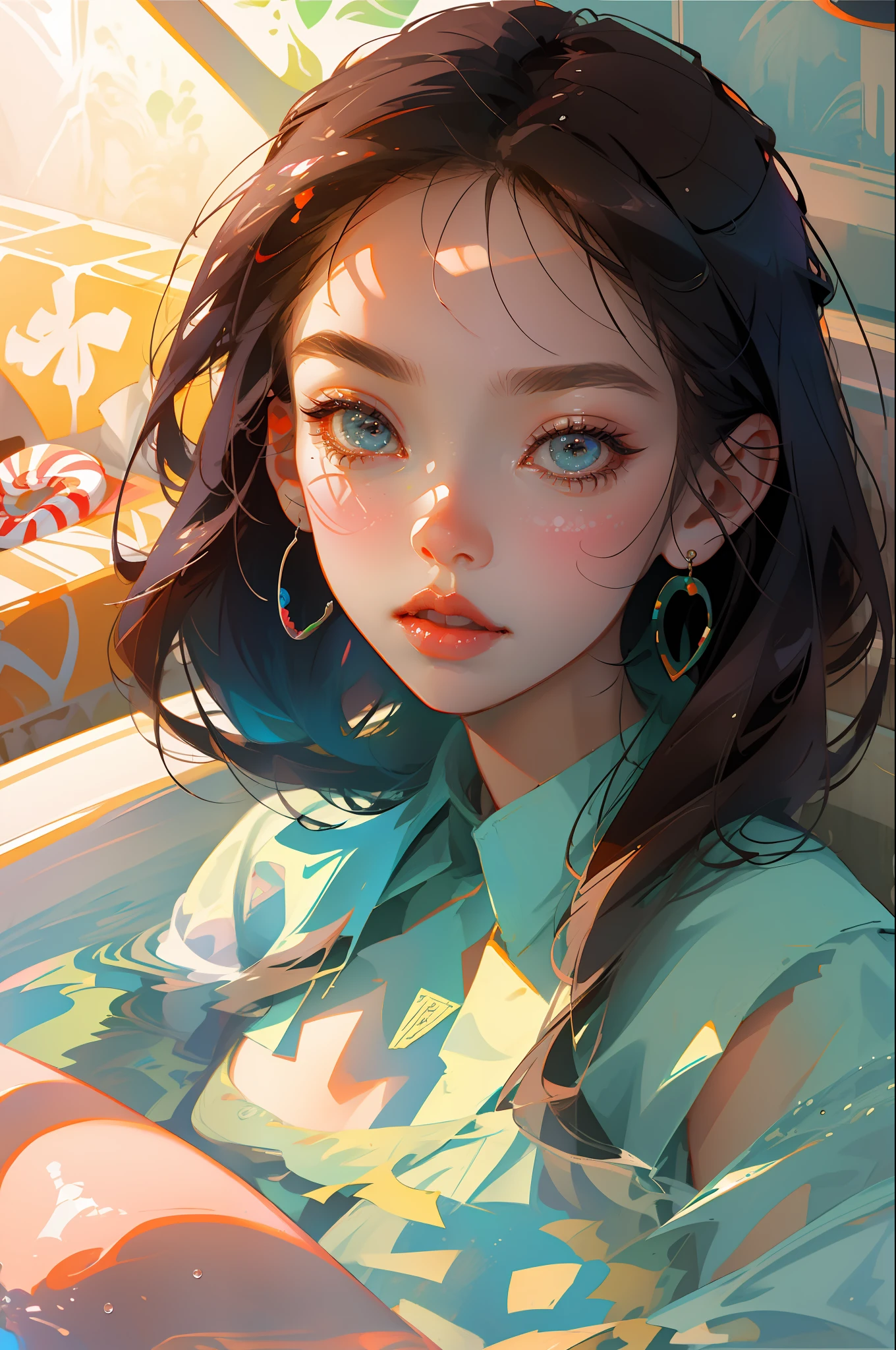 The perfect masterpiece,Highest quality,Perfect artwork,8K, Upper Body Lens,front portrait,Delicate face,Face Close-up, girl in a bathtub with water and lots of apples, (((eating a candy)))), Digital Art,plane illustrations,colorful illustration,minimalist style,anime cartoon style,