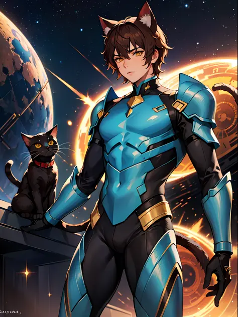 ((young male)), brown hair, yellow eyes, cat ears, cat tail, blue bodysuit, light armor, [skinny:muscular:0.7], science fiction,...