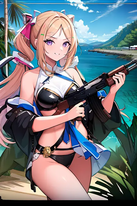 (masterpiece, top quality, best quality, official art, beautiful and aesthetic:1.2), (1girl), extreme detailed, (Aki Rosenthal:1.2), Yellow Hair,twintails, Bikini, Beach, AK47, Trigger discipline, (grin:1.1), look at viewer, medium breasts