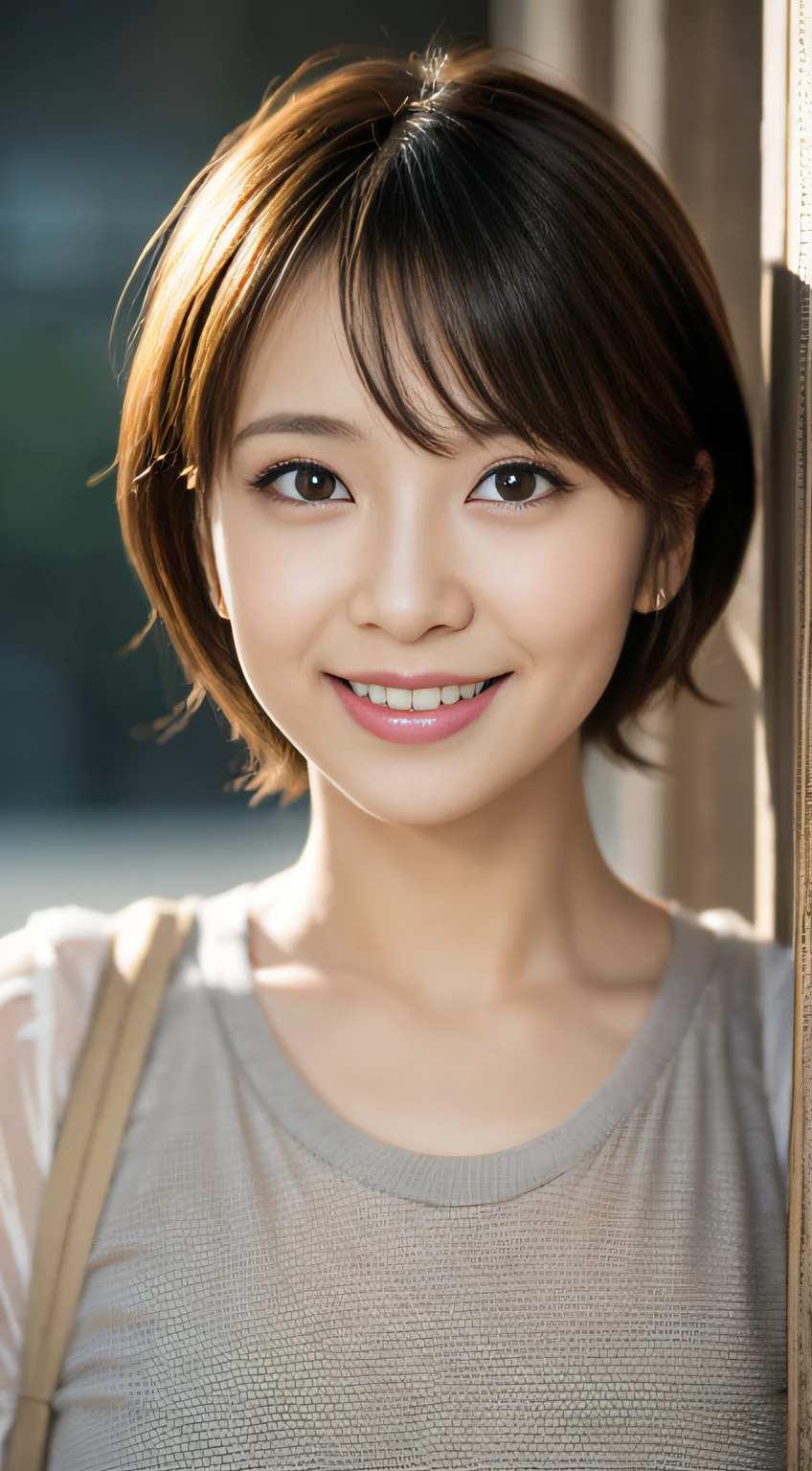 portrait, 8K, high quality, realistic photo image, 39 years old, Japan woman, neat and clean wife, small, housewife, reproduce natural and realistic eyes, Japan person stand, small, beautiful black hair, short hair, light makeup, octane rendering, beautiful lighting, golden ratio composition, smile, everyday wear, casual clothes, natural background, blurred background, 4k, high quality, realistic photo image, Japan woman, 37 years old, pure Japan face, lovely wife, upper body, small breasts, light makeup, suppin, neat beauty, mature woman, sober clothes, gray, beige, blue, sober, casual attire, smile, black hair, small black eyes, background blur