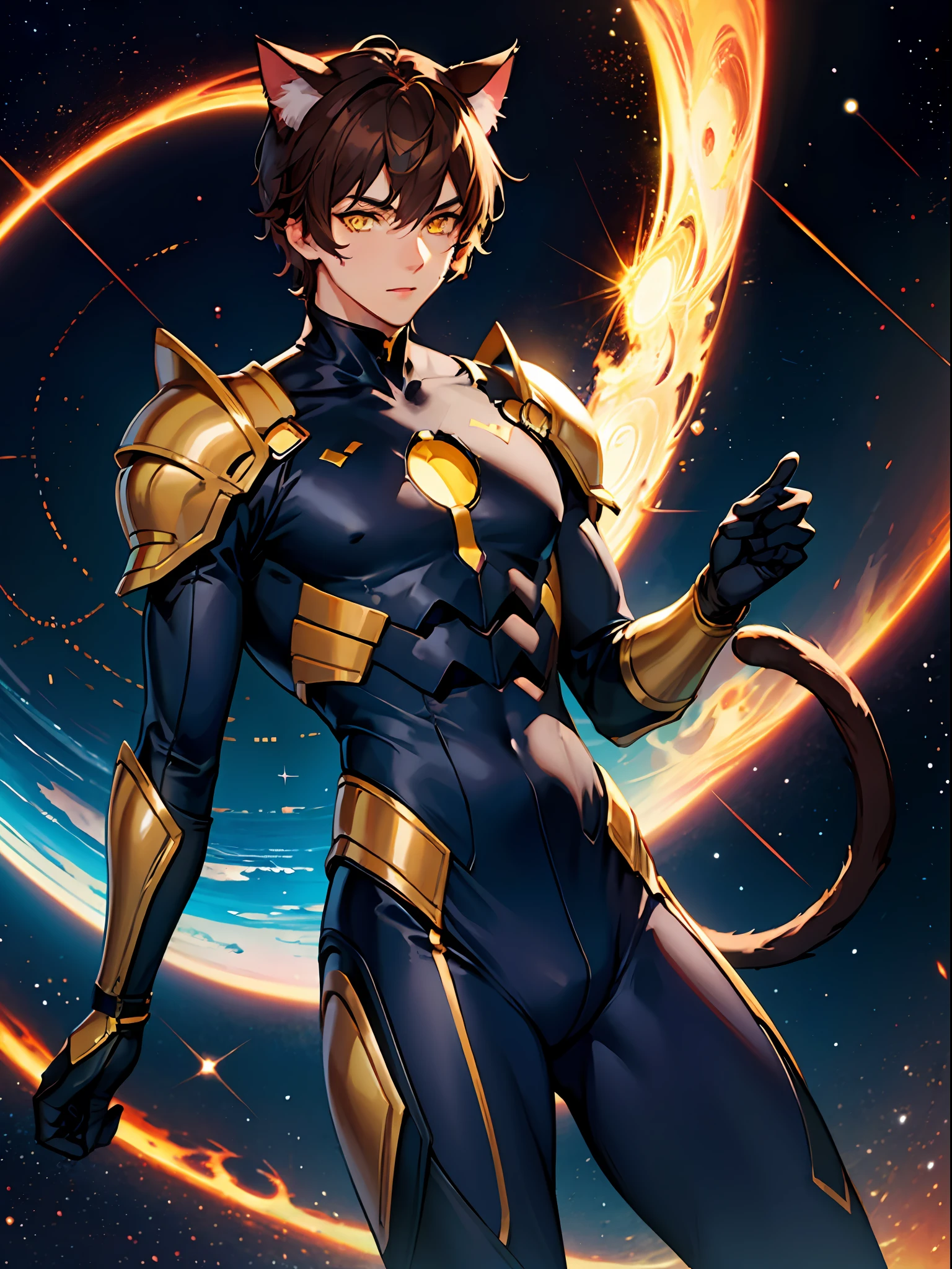 ((young male)), brown hair, yellow eyes, cat ears, cat tail, ((blue bodysuit)), light armor, [skinny:muscular:0.7], science fiction, sci-fi, cosmic background