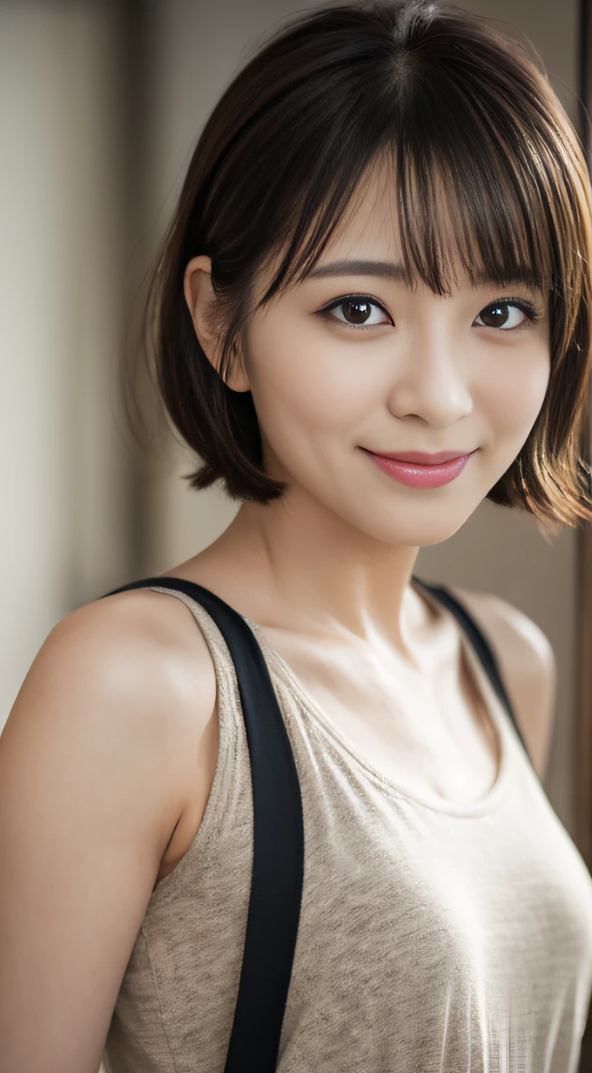 portrait, 8K, high quality, realistic photo image, 39 years old, Japan woman, neat and clean wife, small, housewife, reproduce natural and realistic eyes, Japan person stand, small, beautiful black hair, short hair, light makeup, octane rendering, beautiful lighting, golden ratio composition, smile, everyday wear, casual clothes, natural background, blurred background, 4k, high quality, realistic photo image, Japan woman, 37 years old, pure Japan face, lovely wife, upper body, small breasts, light makeup, suppin, neat beauty, mature woman, sober clothes, gray, beige, blue, sober, casual attire, smile, black hair, small black eyes, background blur