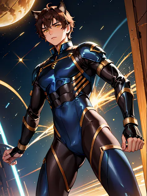 ((young male)), brown hair, yellow eyes, cat ears, cat tail, ((blue bodysuit)), light armor, [skinny:muscular:0.7], science fict...