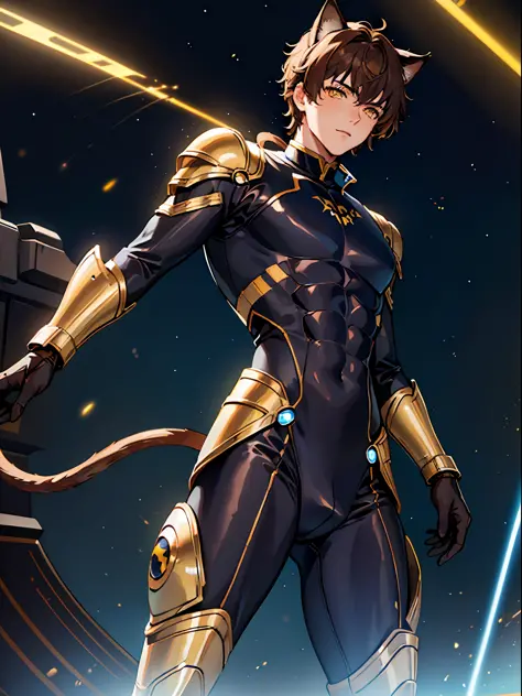 ((young male)), brown hair, yellow eyes, cat ears, cat tail, ((blue bodysuit)), light armor, [skinny:muscular:0.7], science fiction, sci-fi, cosmic background