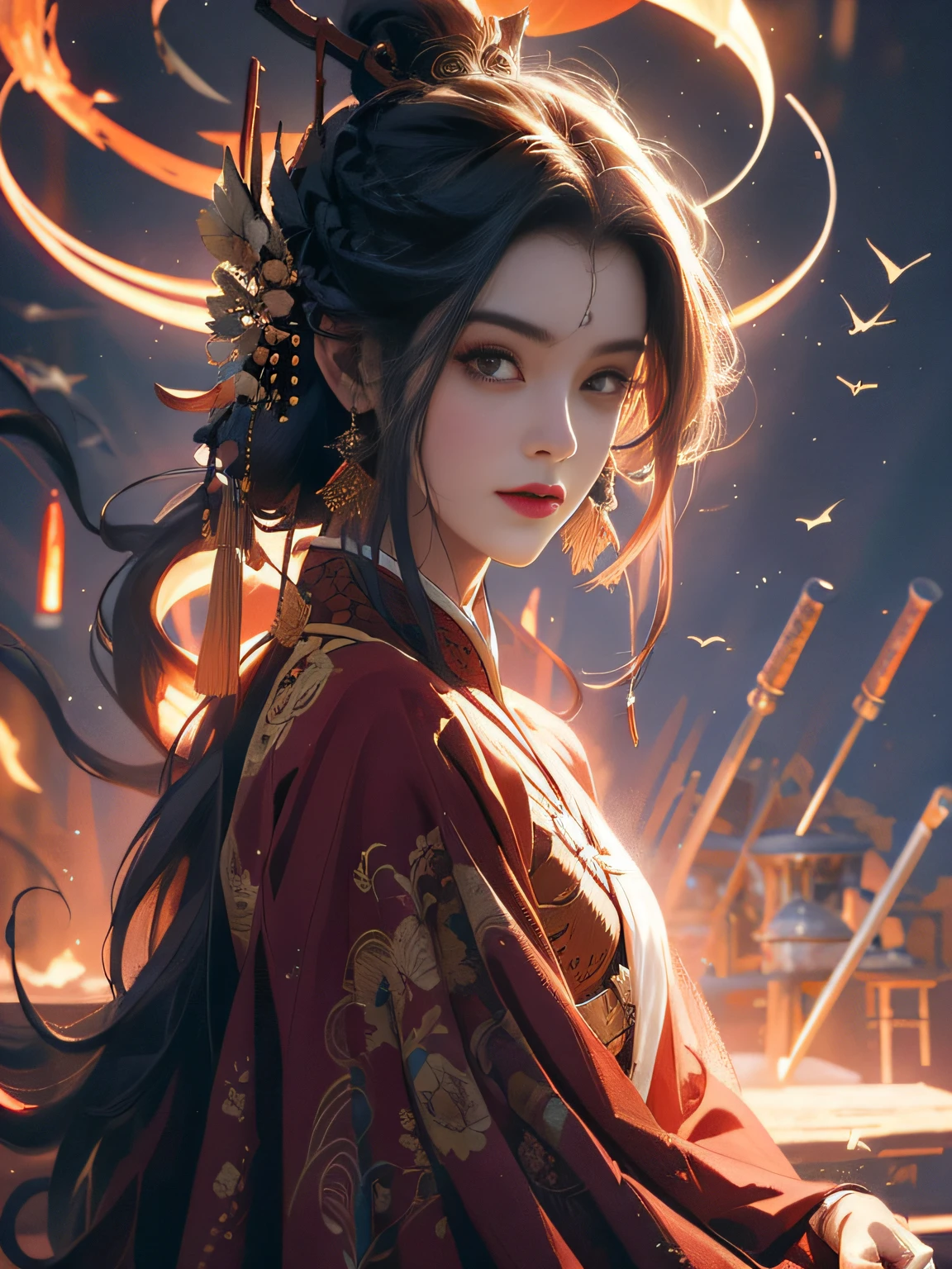 8k，best qualtiy，tmasterpiece，A close-up of a woman，Warlock，Stand up，Full body photo，Frontal photo，Elaborate Eyes，Danfeng Eyes，cabelos preto e longos，Ancient Chinese hairstyle，Complex hairstyles，Hairpins，Zhu Zhao，red headgear，Hazy，red color Hanfu，Alchemist costume，Magnificent scene，Epic scenes