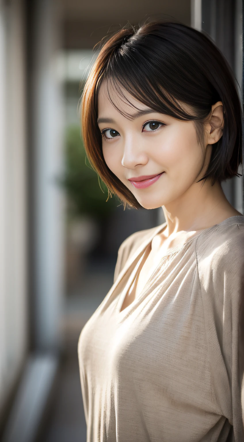 portrait, 8K, high quality, realistic photo image, 39 years old, Japan woman, neat and clean wife, small, housewife, reproduce natural and realistic eyes, Japan person stand, small, beautiful black hair, short hair, light makeup, octane rendering, beautiful lighting, golden ratio composition, smile, everyday wear, casual clothes, natural background, blurred background, 4k, high quality, realistic photo image, Japan woman, 37 years old, pure Japan face, lovely wife, upper body, small breasts, light makeup, suppin, neat beauty, mature woman, sober clothes, gray, beige, blue, sober, casual attire, smile, black hair, small black eyes, background blur