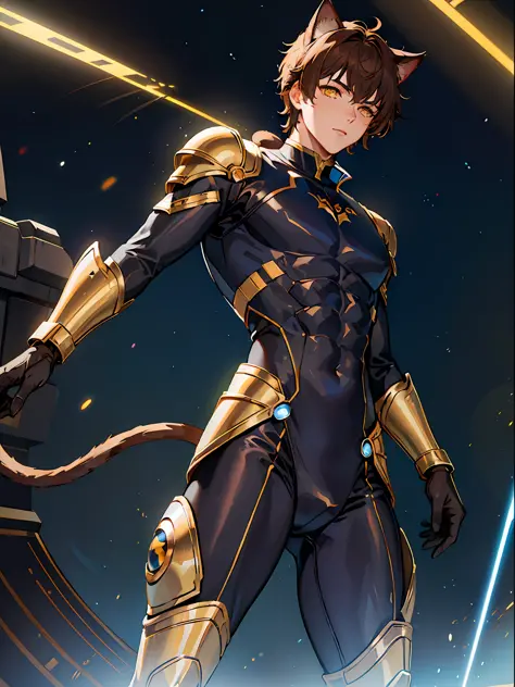 ((young male)), brown hair, yellow eyes, cat ears, cat tail, ((blue bodysuit)), light armor, [skinny:muscular:0.7], science fiction, sci-fi, cosmic background