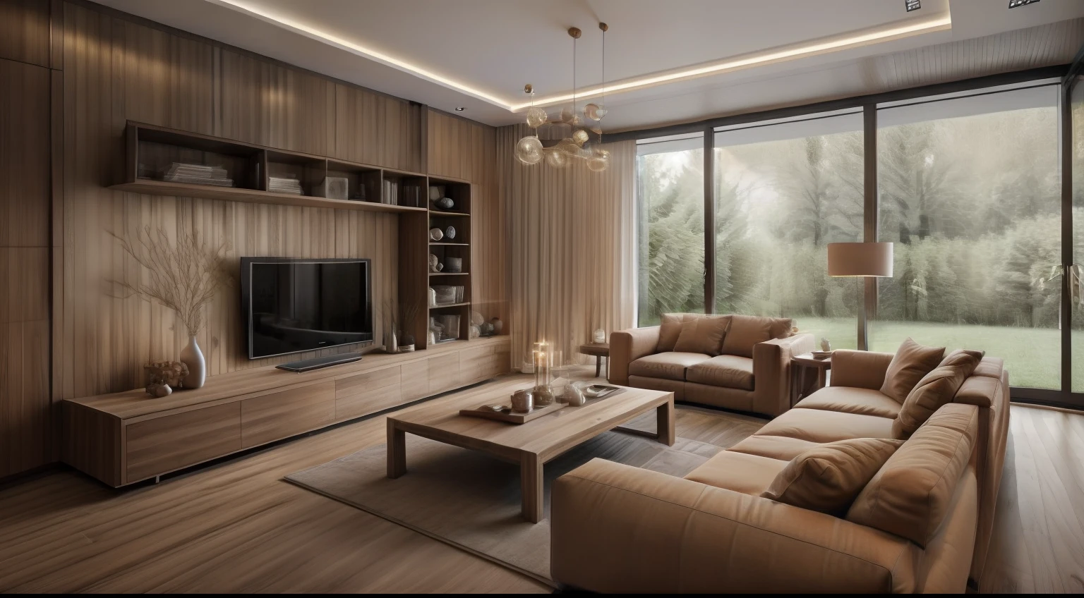 (( masterpiece)) (( ultral realistic)) (( sharp forcus)) (( high detail)) livingroom in minimalist style , wallpaper decor, wooden floor, glass window , fabric sofa,
