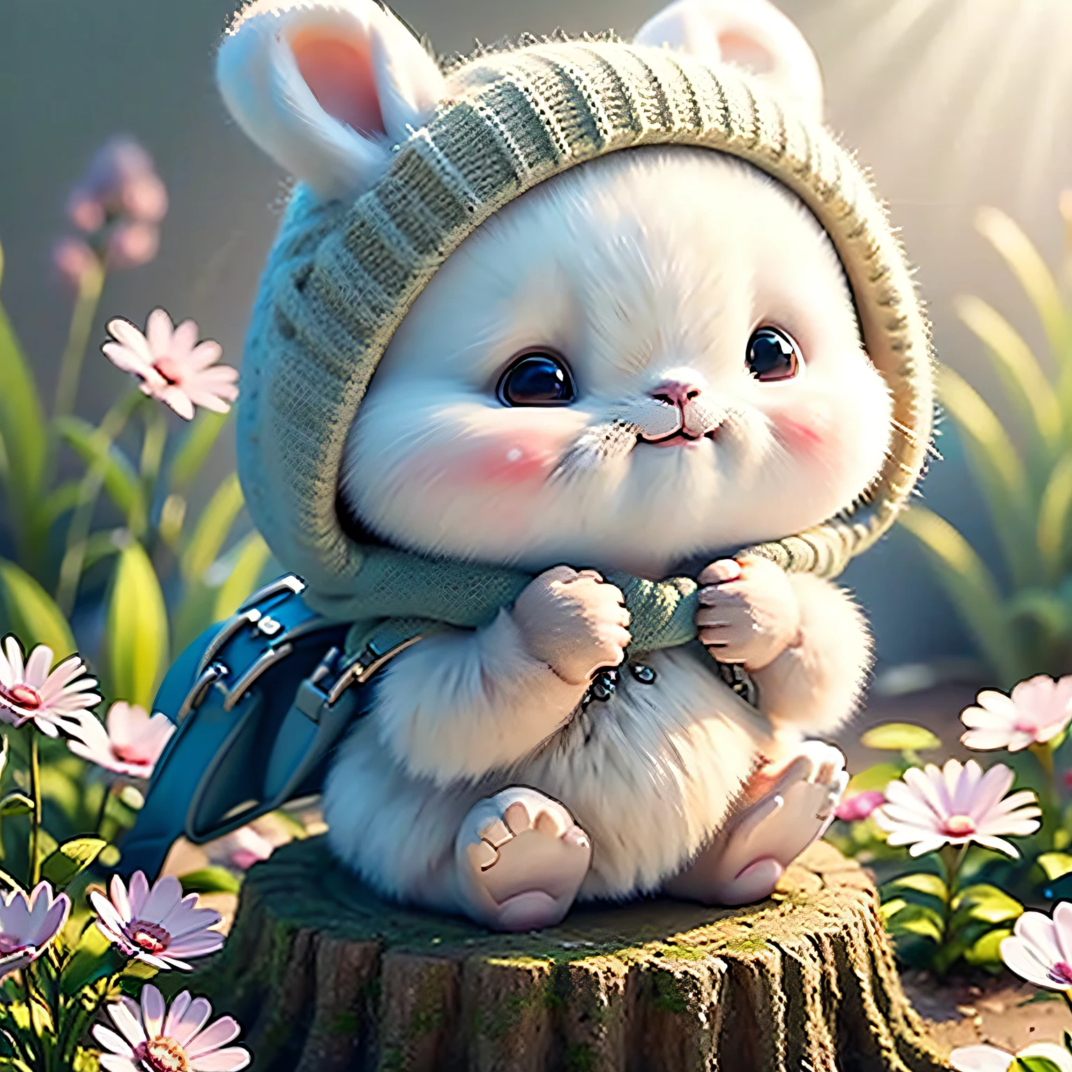 holding camera, tree_stump, flowers, adorable , fluffy, photorealistic, soft lighting,