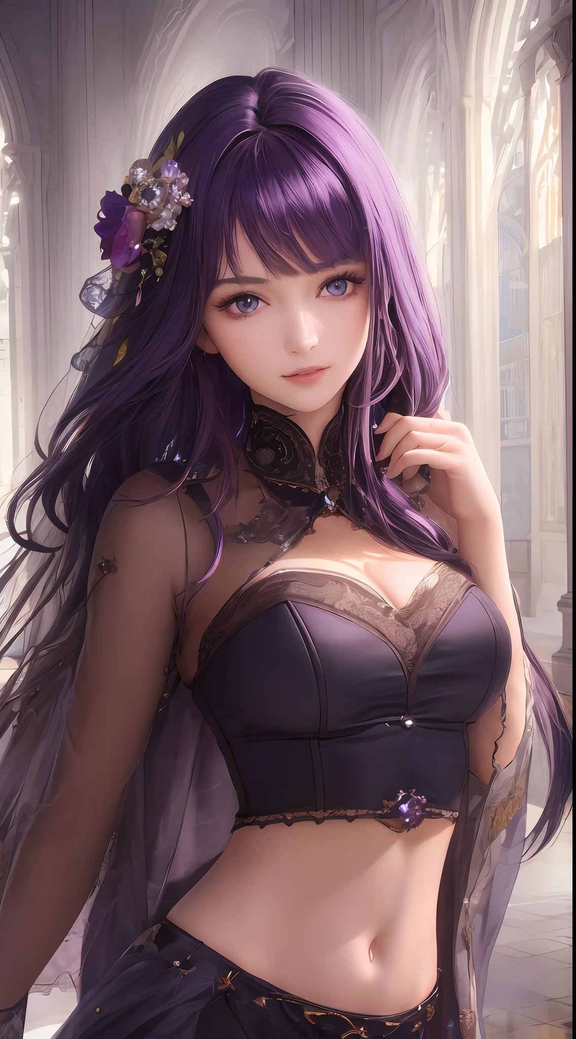 (masterpiece, sidelighting, finely detailed beautiful eyes: 1.2), masterpiece*portrait, realistic, 3d face, glowing eyes, shiny hair, lustrous skin, solo, embarassed, (midriff), purple hair, soft lips, glossy lips