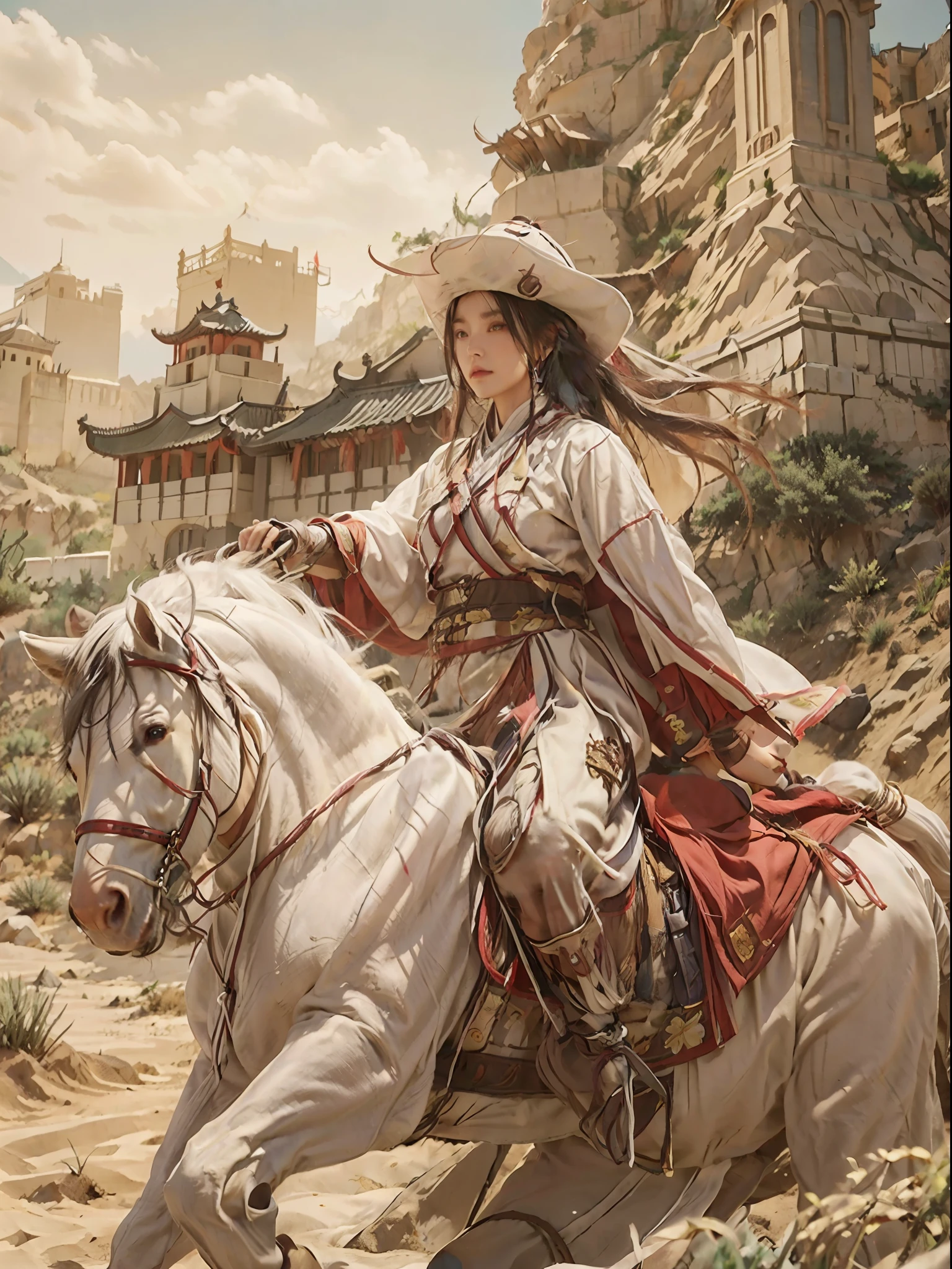 1girll，Riding a tall white horse， Wearing a fan yangli on his head，cloaks， Wielding an ancient Chinese sword，A desert， Desert, Ancient Chinese fortress background, castle wall, （strong winds：1.5），Ultra-detailed face and eyes，16k，best qualtiy，bokeh，softlighting，Natural lighting，