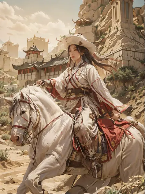 1girll，Riding a tall white horse， Wearing a fan yangli on his head，cloaks， Wielding an ancient Chinese sword，A desert， Desert, A...