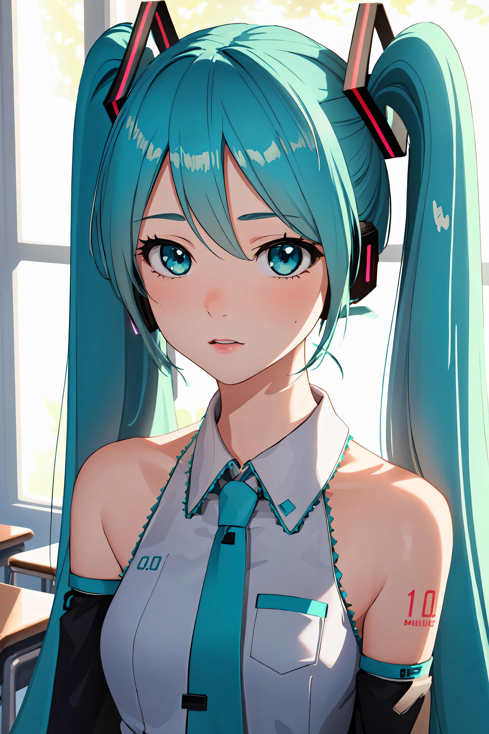 (beste Qualität:1.4), highres, Meisterwerk, Extrem detailliert, Realistisch, 1 Mädchen, (hatsune miku:1.1), mittlere Brüste, Klassenzimmer, detailliertes Gesicht, 3D Gesicht, (Porträt:1.0)